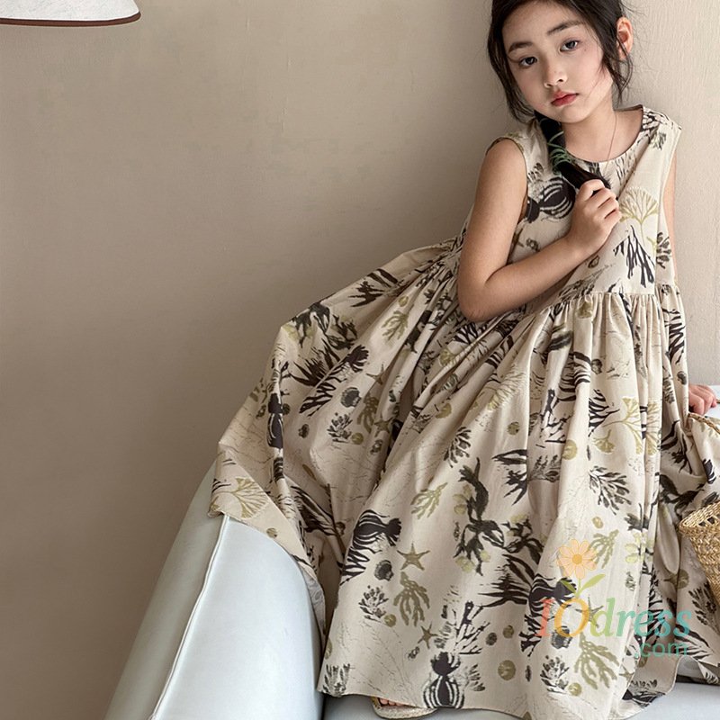 IO Dress Summer Children Girls Princess Dress Retro Cotton Infant Babys Girls Floral Dress Toddler Kid Girls Painting Sling Dress 2-10Y IO Dress