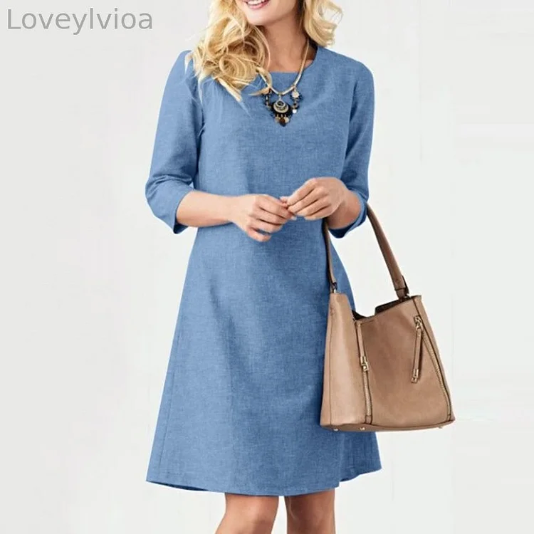 Round Neck 3/4 Sleeve Solid Color Casual Midi Dress