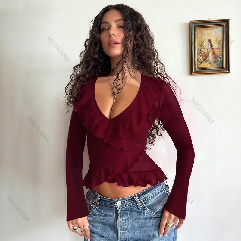 Ruffle-Trim V-Neck Long Sleeve Top - HIGIANNA&reg;
