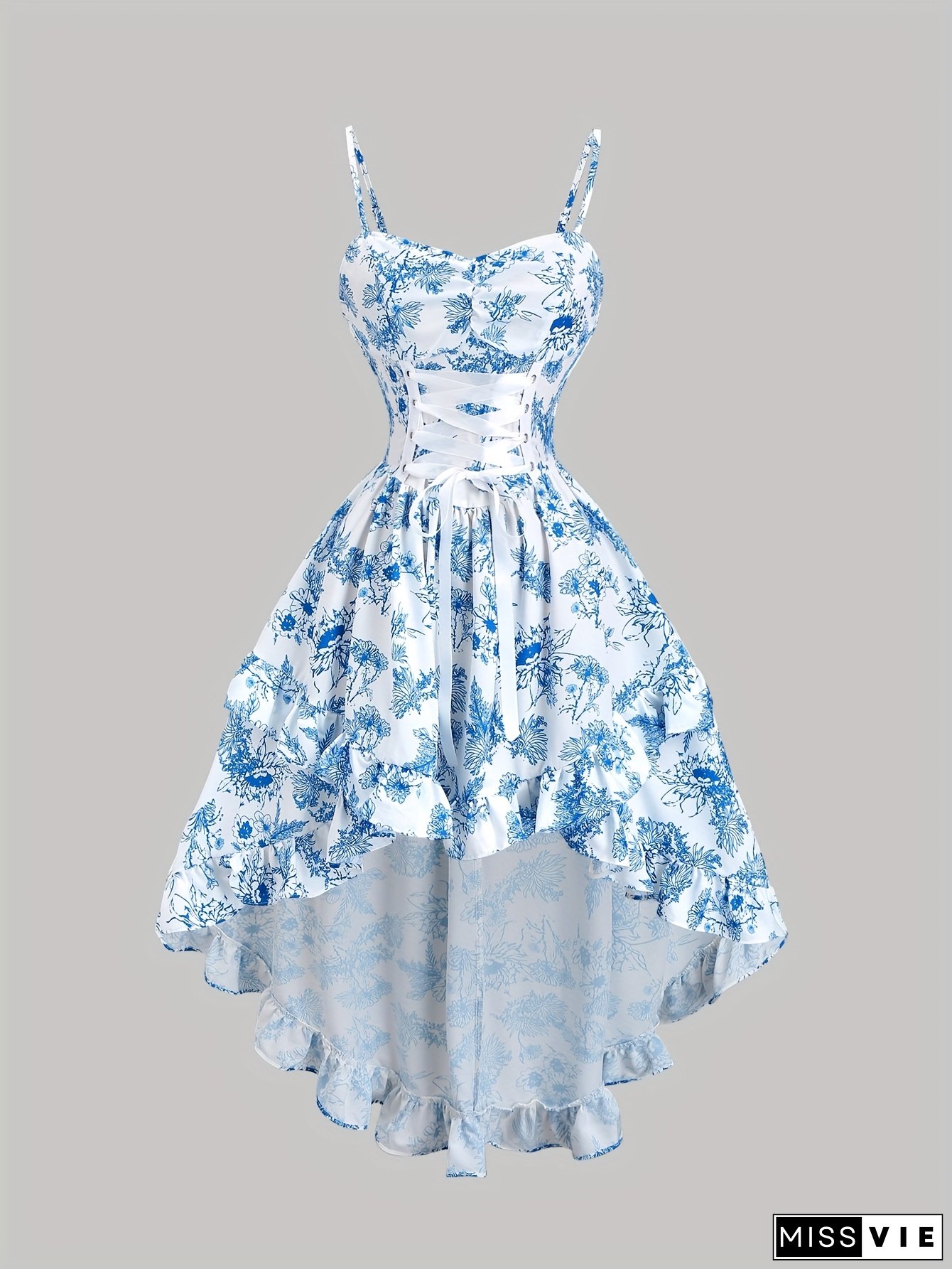 Elegant Blue And White Porcelain Print V-Neck Dress With Adjustable Spaghetti Straps, Ruched Waist, And Asymmetrical Hem - Romantic Floral Design For Women, Perfect For Dates And Special Occasions, Spaghetti Suspender Dress
