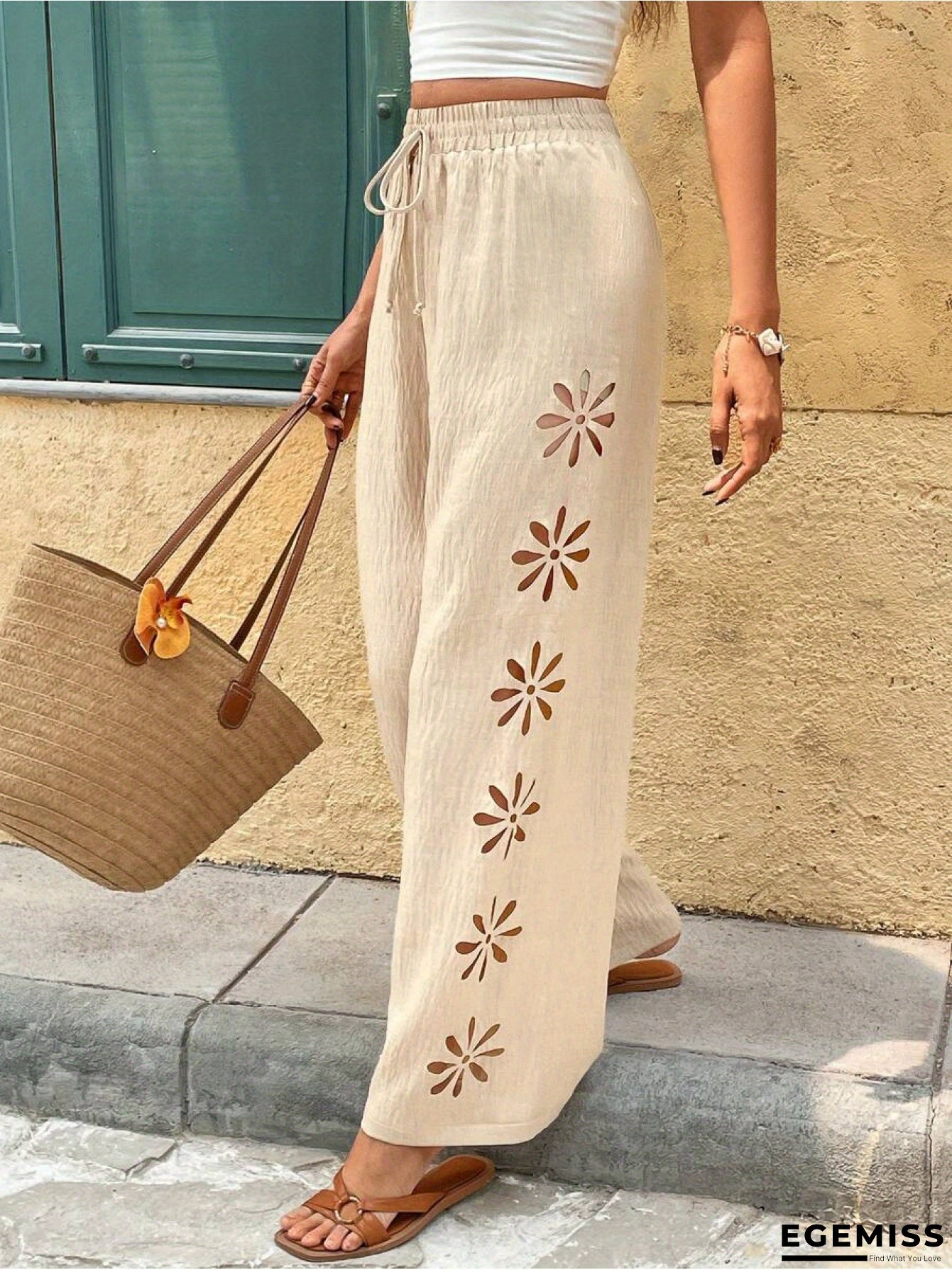 Scacto Women's Floral Cutout Casual Pants- Knotted Drawstring Comfortable Summer Trousers, High Waist Trouser Pants For Women, Wide Leg Pants For Women High Waist, Wrap Pants For Women, Formal Trousers For Women, Pleated Pants For Women | EGEMISS