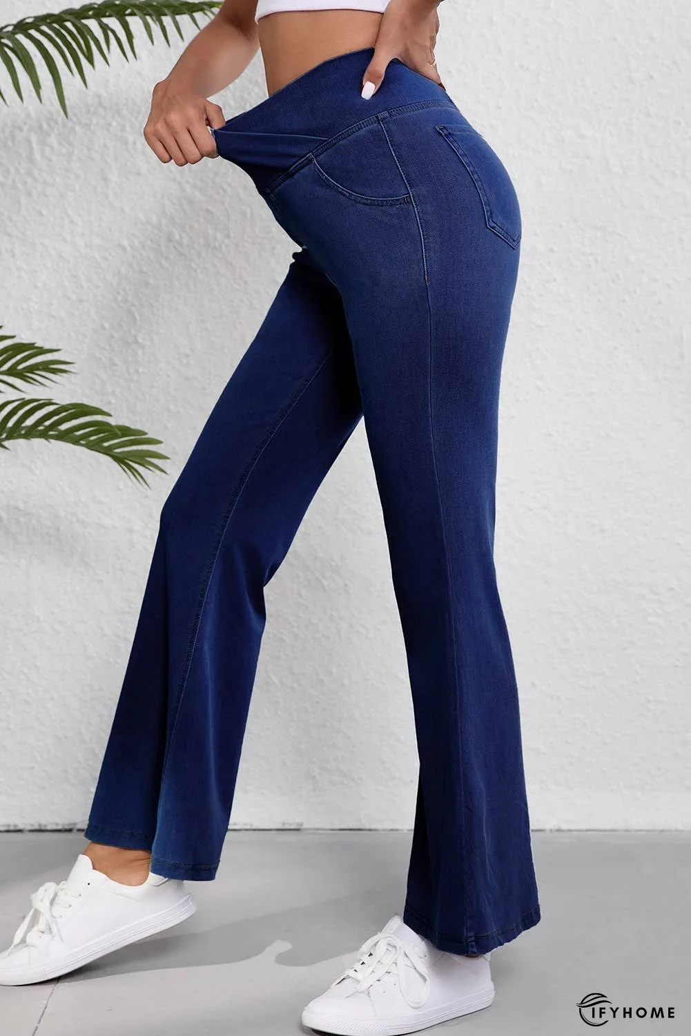 Solid Crossed Waist High Elastic Fit Flare Jeans | IFYHOME