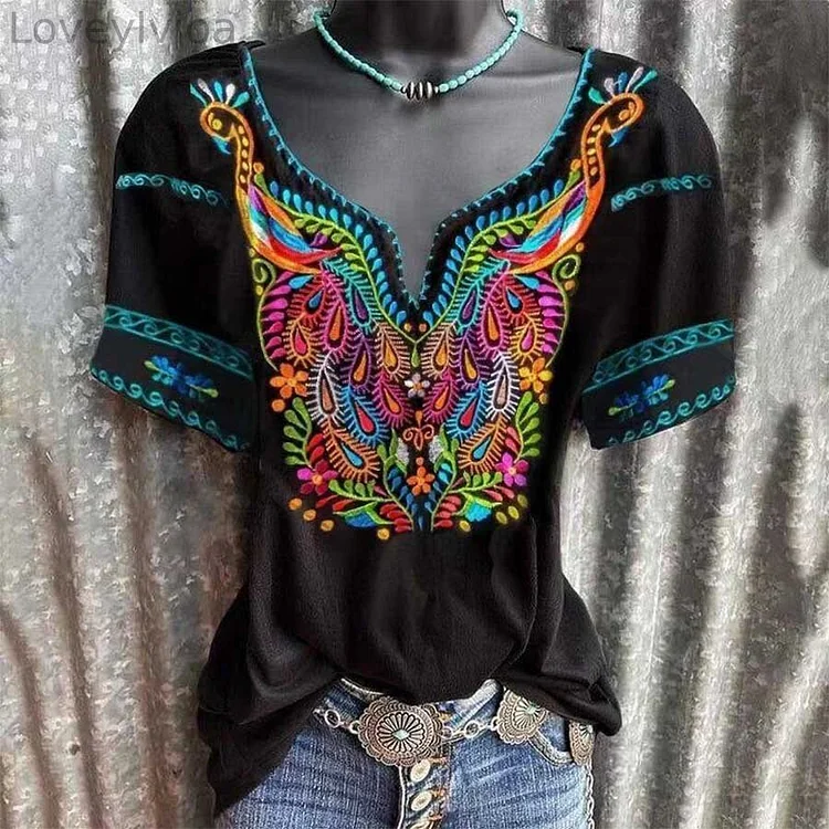 Floral Print Ethnic Style Short Sleeve V-Neck T-Shirt