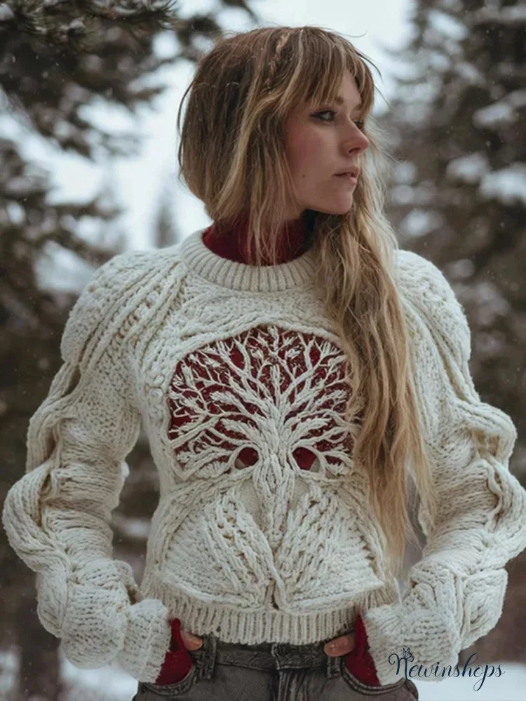 Women's Viking Style Hollow Knit Tree Of Life Round Neck Sweater