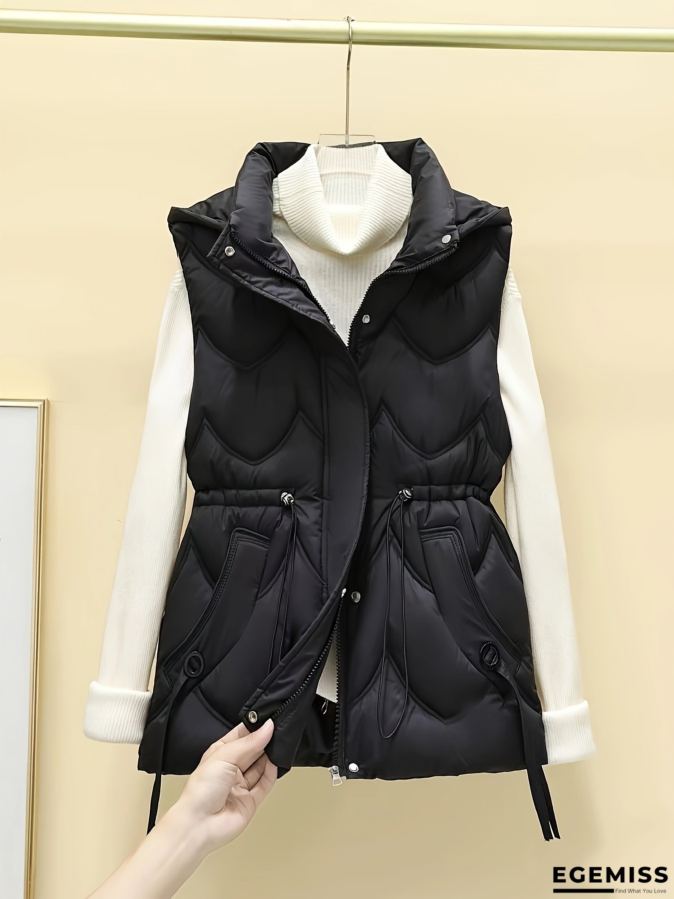 Women's Elegant Winter Vest - Short Sleeve Stand Collar with Decorative Pockets, Black & White Contrast, Regular Fit Non-Stretch Fabric for Fall Winter Layering | EGEMISS