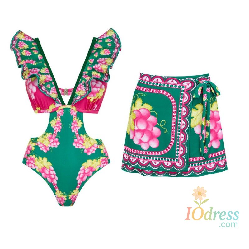 IO Dress 2024 New Women Retro V Neck Retro Green Grapes Swimsuit Set Swimwear Beachwear Bathing Suit Bikini Monokini Bodysuit tankini