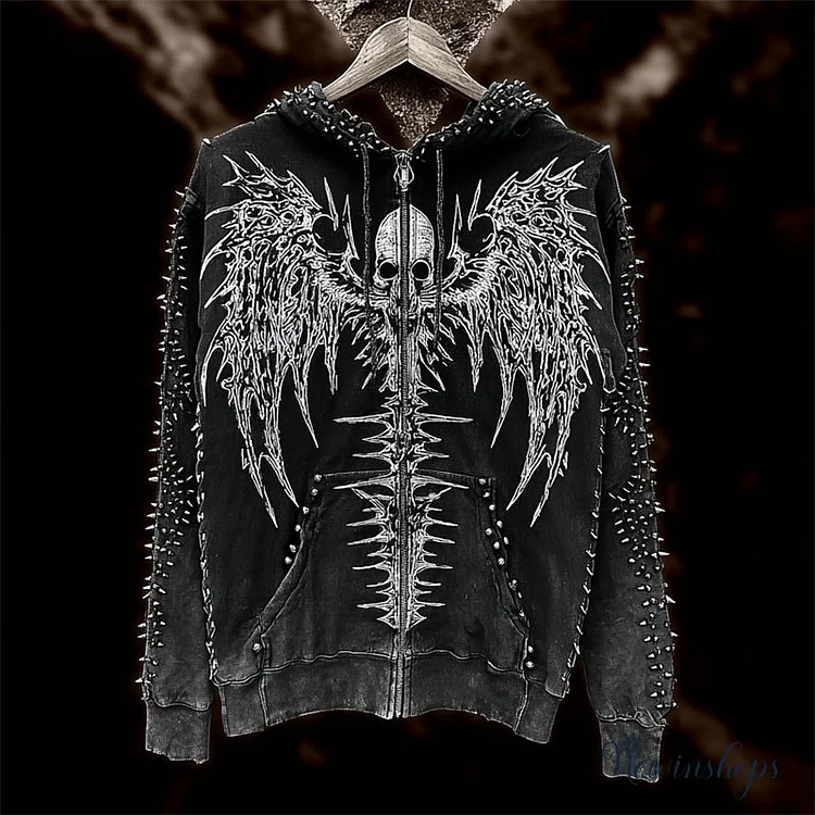 Men's Skull & Skeleton Wings Rock Studded Washed Full Zip Hoodie