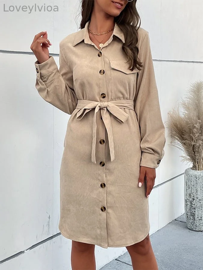 Corduroy Belt Button Front Long Sleeve Shirt Dress