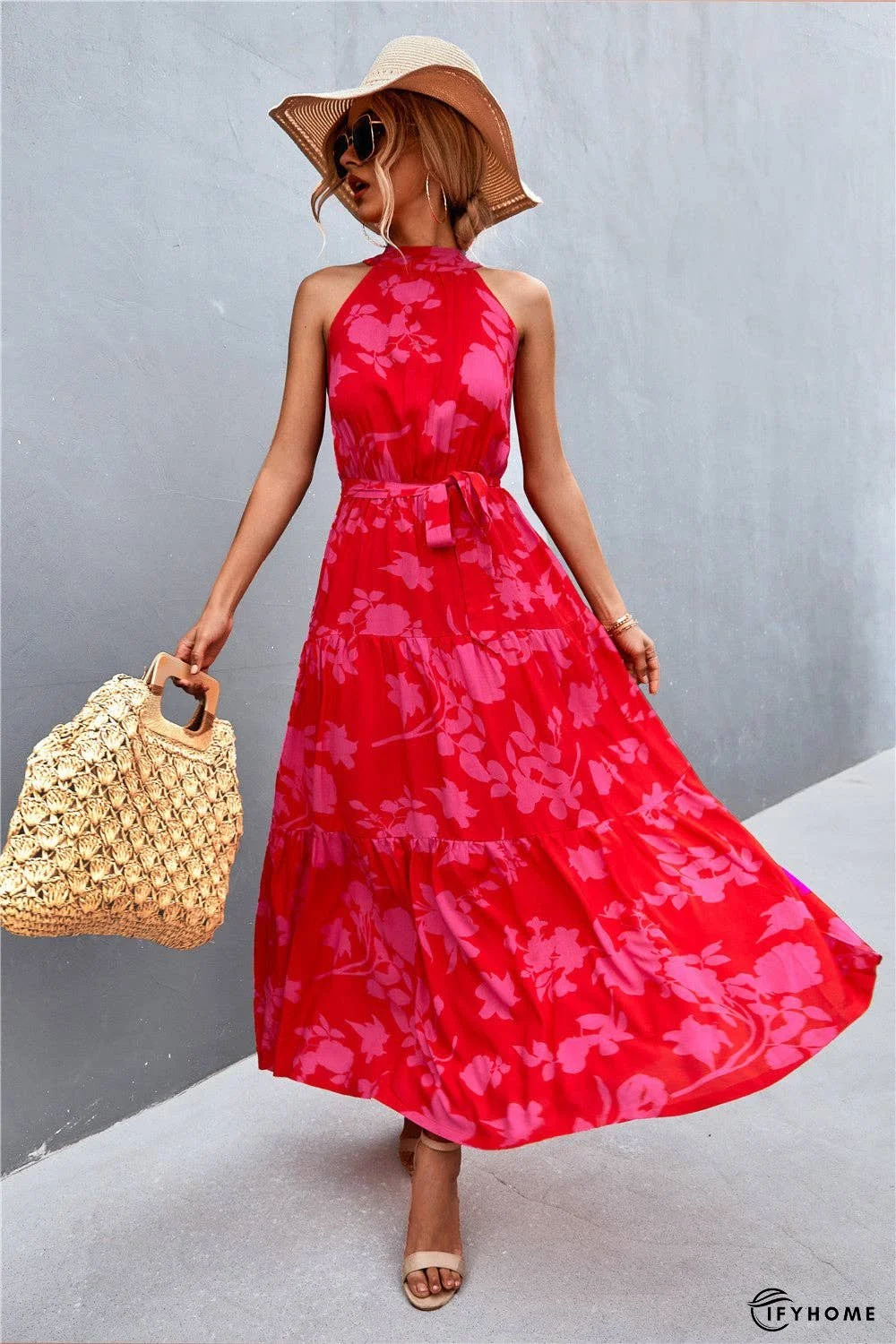 Printed Sleeveless Tie Waist Maxi Dress | IFYHOME