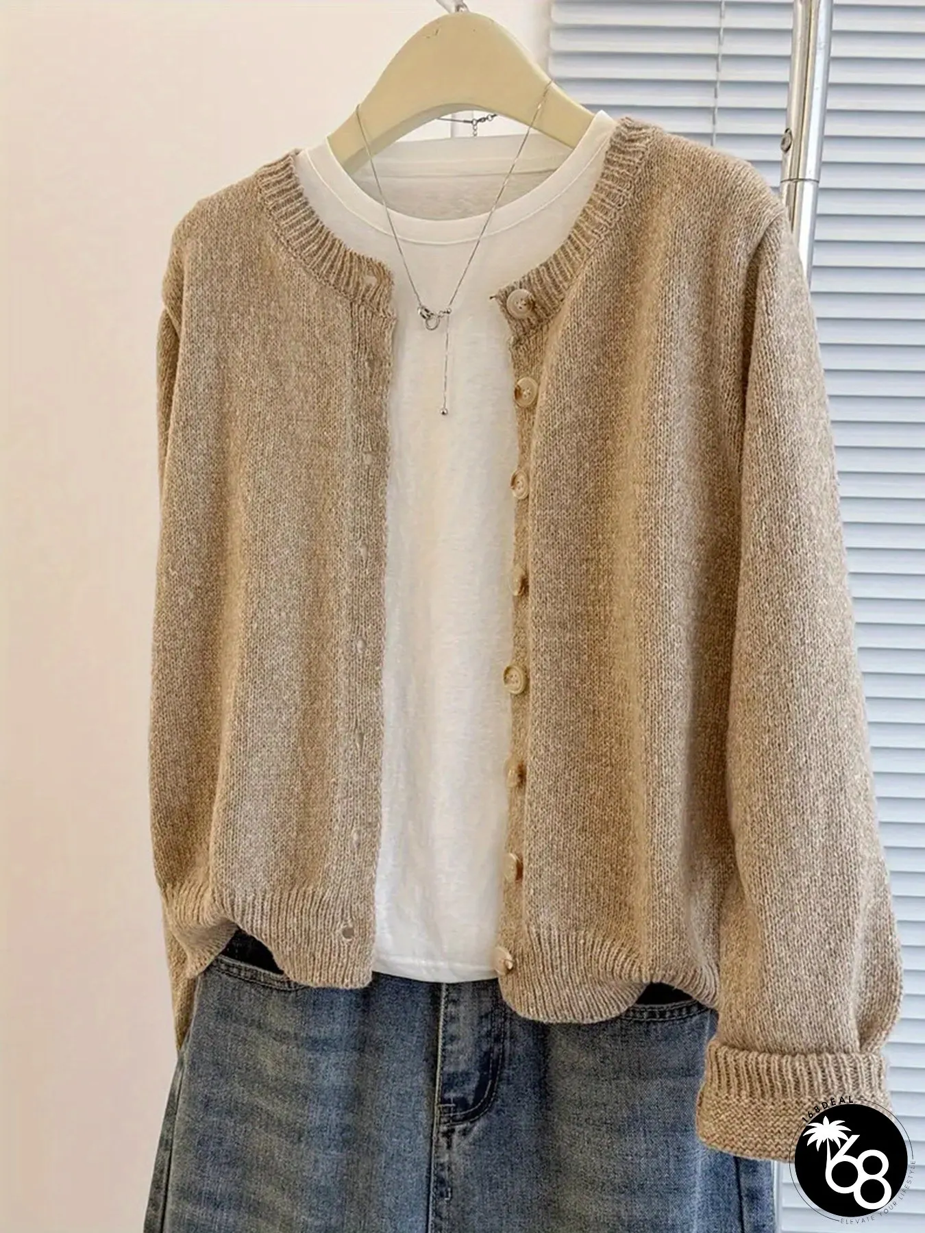 Lightweight Womens Elegant Long Sleeve Sweater Soft Light Brown Button-Front with Ribbed | 168DEAL
