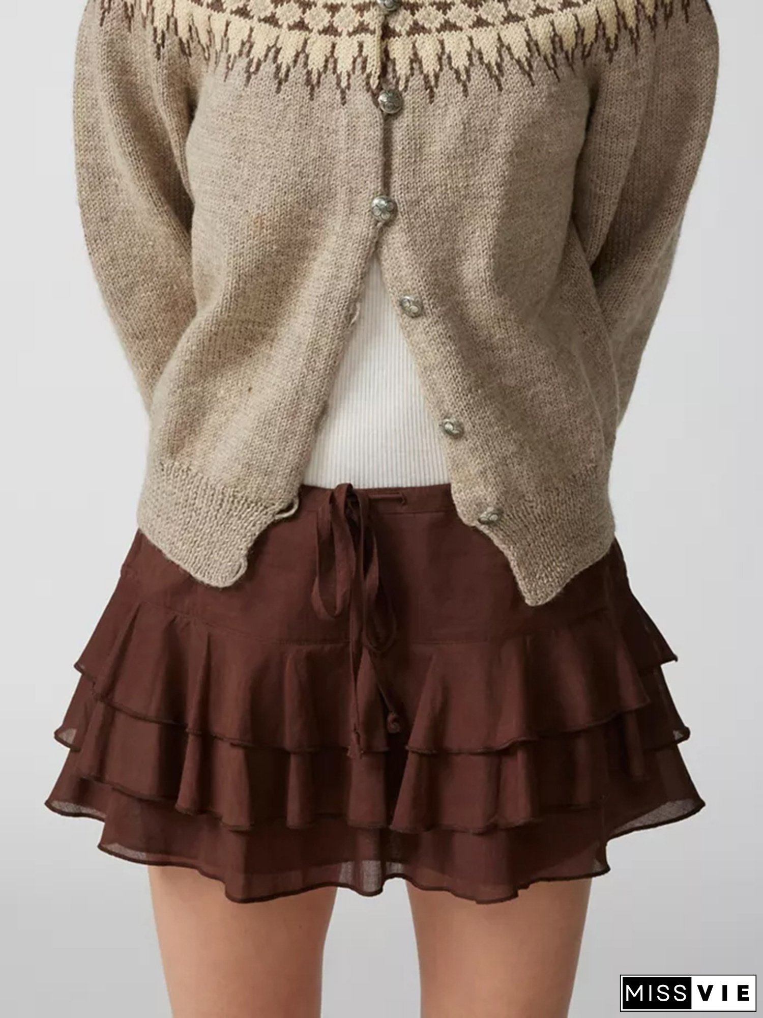 Women's Elegant Tiered Ruffle Mini Skirt with Drawstring Waist - Solid Brown/Beige/Navy/Black/Dark Grey - Lightweight & Breathable Fabric for Spring/Summer/Fall - Casual to Formal Outfits - Machine Washable & Wrinkle-Resistant - Versatile Everyday