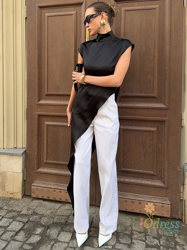 IO Dress Trendix Women Solid Fashion Satin Dress Summer Turtleneck Loose Casual Maxi Dresses Femme High Street Elegant Party Dress Female