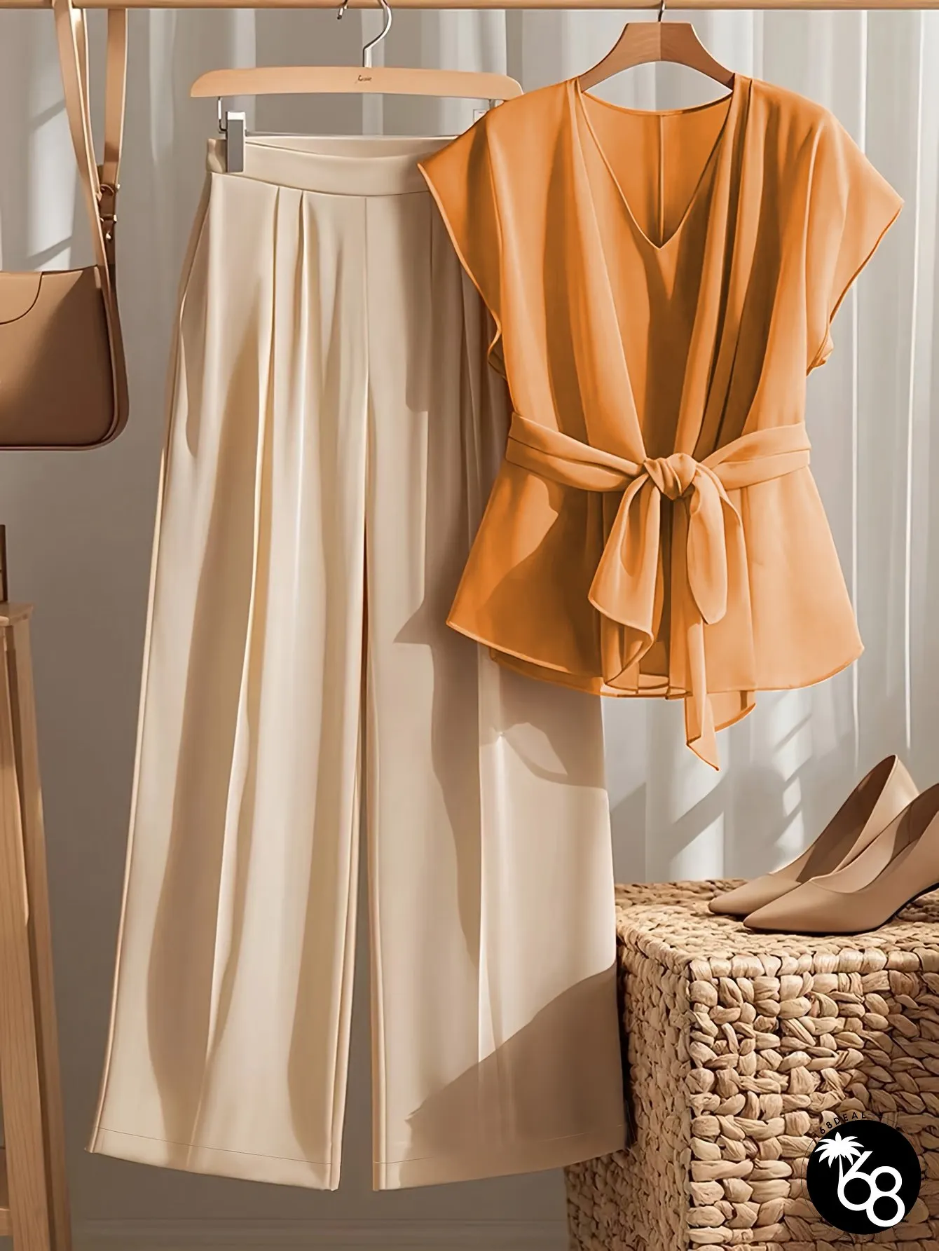 Chic Orange V-Neck Blouse High-Waisted Wide-Leg Pants Polyester Knotted Detail | 168DEAL