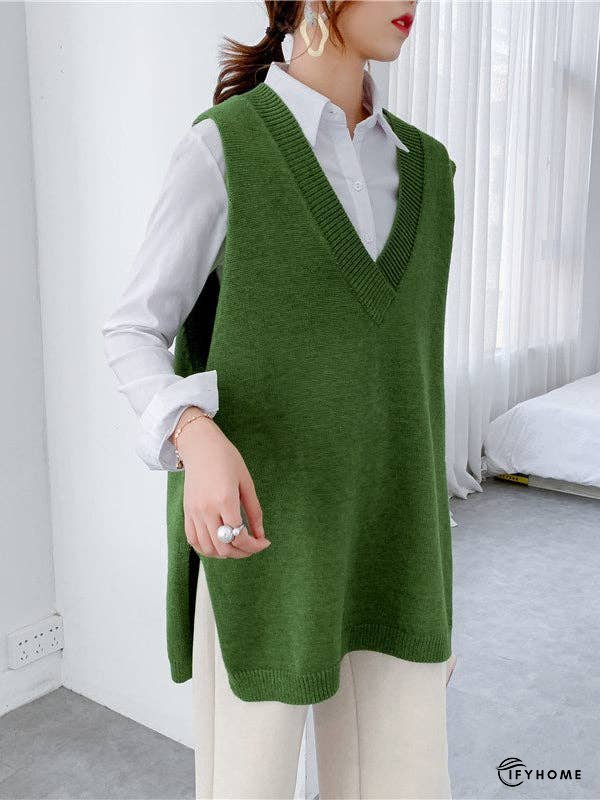 Trendy Sleeveless Split-Side Solid Color V-Neck Knitted Vest | IFYHOME