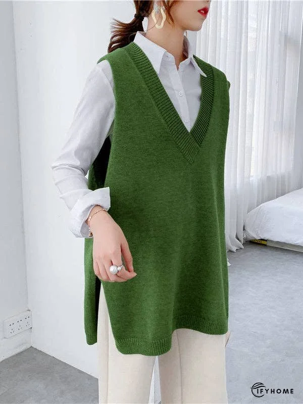 Trendy Sleeveless Split-Side Solid Color V-Neck Knitted Vest | IFYHOME