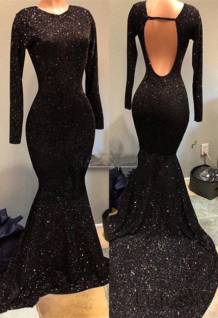 Luluslly Black Long Sleeve Sequins Prom Dress Mermaid Open Back