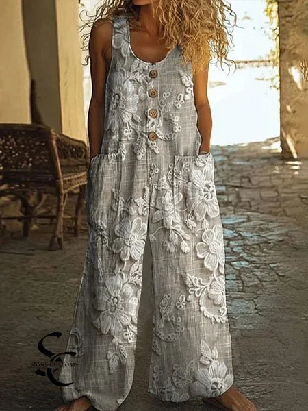 Women's Vintage Flower Print Casual Cotton And Linen Loose Straight-leg Wide-leg Pants