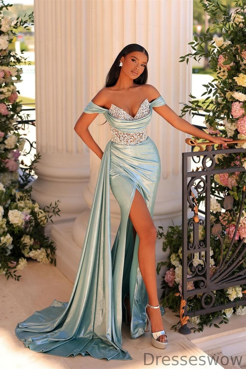 Dresseswow Light Blue Off-the-Shoulder Long Mermaid Evening Gown With Split Ruffles Beadings
