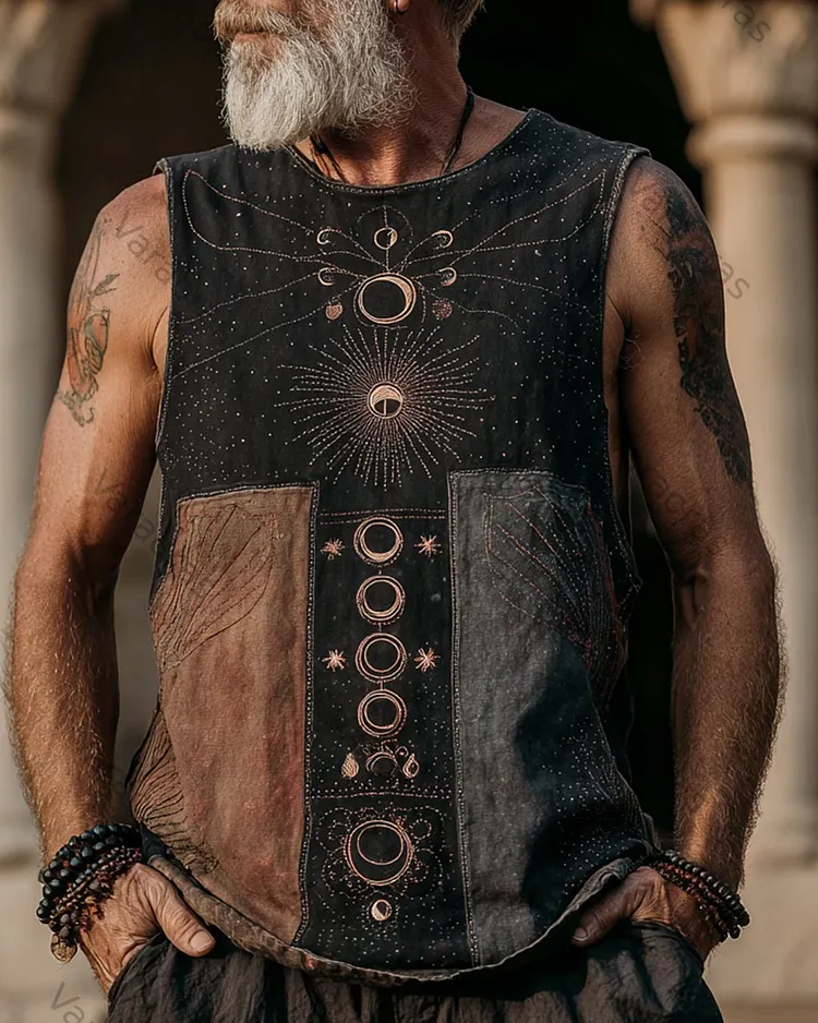 Men's Summer Fashion Linen Sleeveless Top with Star and Moon Embroidery 3245