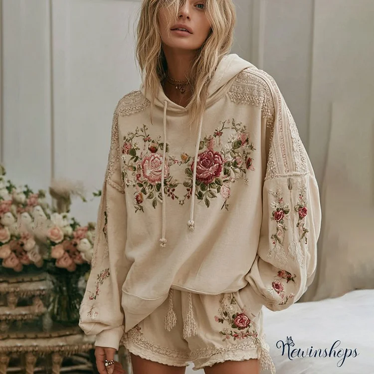 Women's Floral Embroidery Art Cozy Hooded Sweatshirt