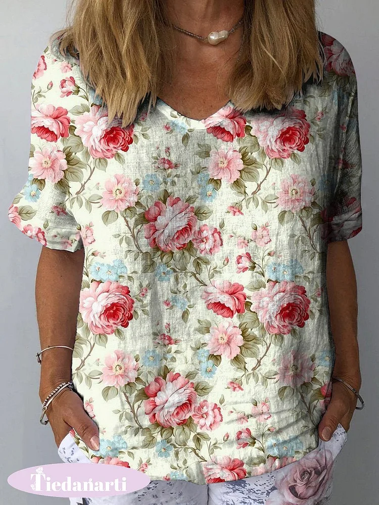 Sweet French Rose Pattern Printed Women's Casual Cotton And Linen Shirt