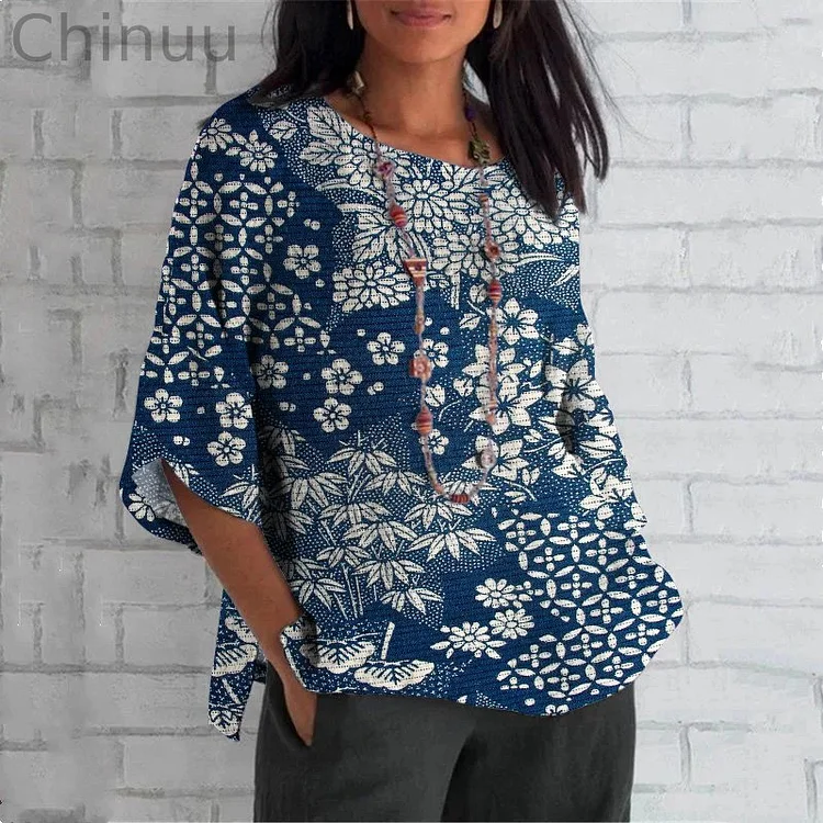 Vintage Japanese Art Flower Print Short Sleeved Linen Blend T-Shirt