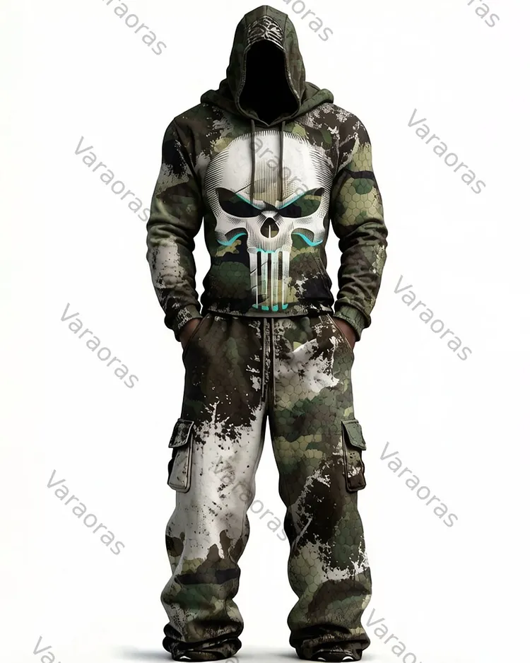 Men's Fashion Skull Contrast Color Embroidered Hoodie & Pants Two-Piece Set 6190