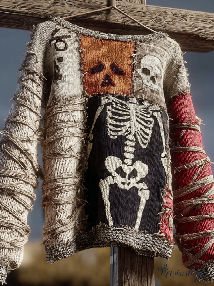 Halloween Skeleton Man Pattern Knit Round Neck Sweater