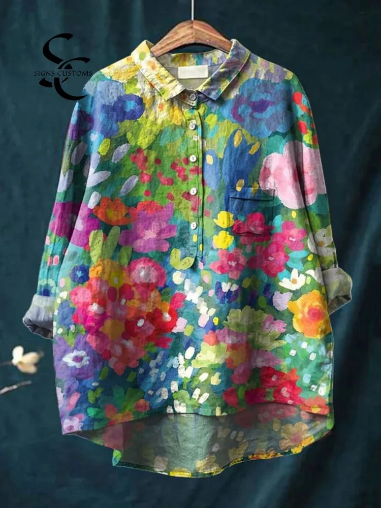 Women's Vintage Lovely Floral Art Print Casual Cotton And Linen Shirt