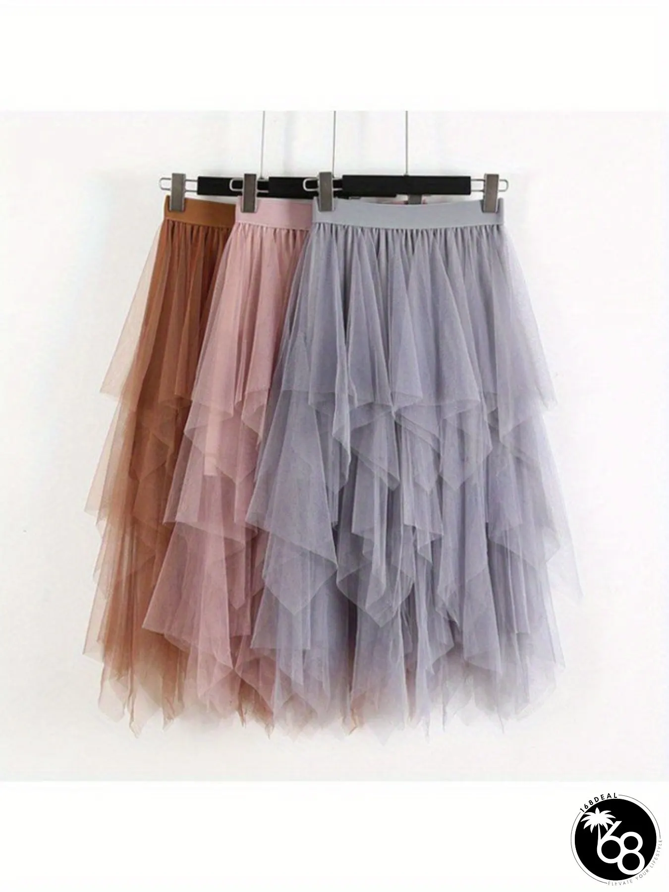 Women Elastic High Waist Solid Color Irregular Mesh Stitching Wild A-Line Long Paragraph | 168DEAL