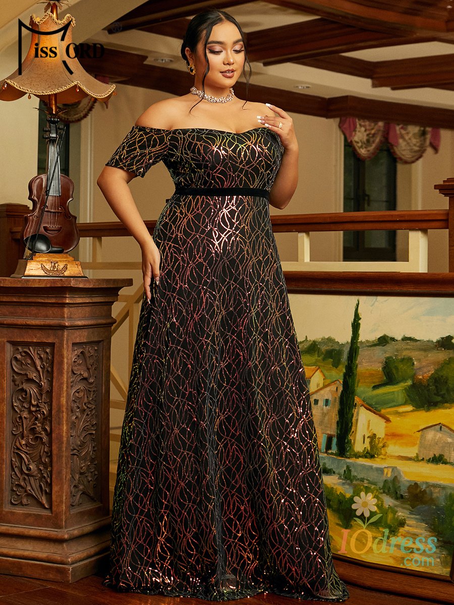 IO Dress Missord Black Sequin Plus Size Party Dress Elegant Women Off Shoulder Short Sleeves Belt A-line Prom Evening Dresses Long Gown IO Dress