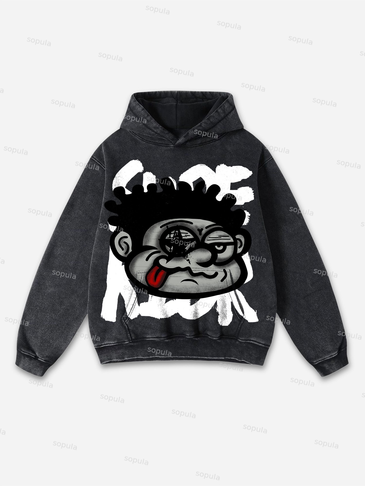 Sopula Vintage Big Face Graphic Print Washed Hoodie