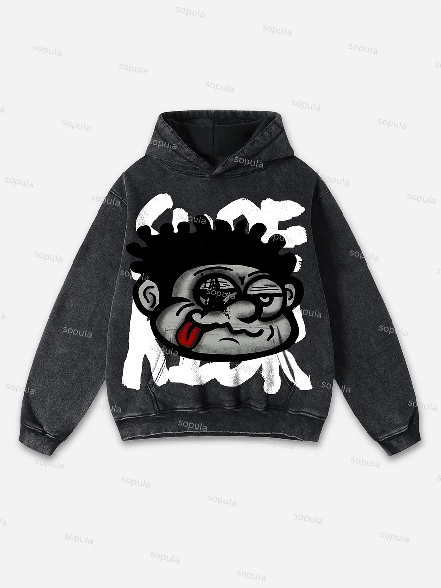 Sopula Vintage Big Face Graphic Print Washed Hoodie