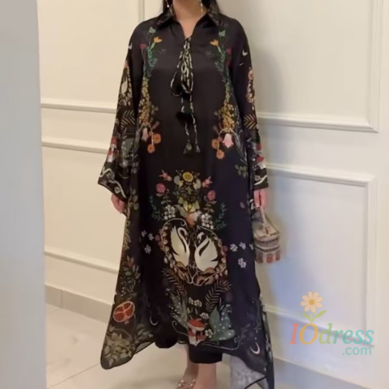 IO Dress Women Rerto Printing Loose Maxi Dress, Autumn Winter Long Sleeve Patchwork Party Dress, 2025 Lace-Up Casual Ladies Holiday Dress