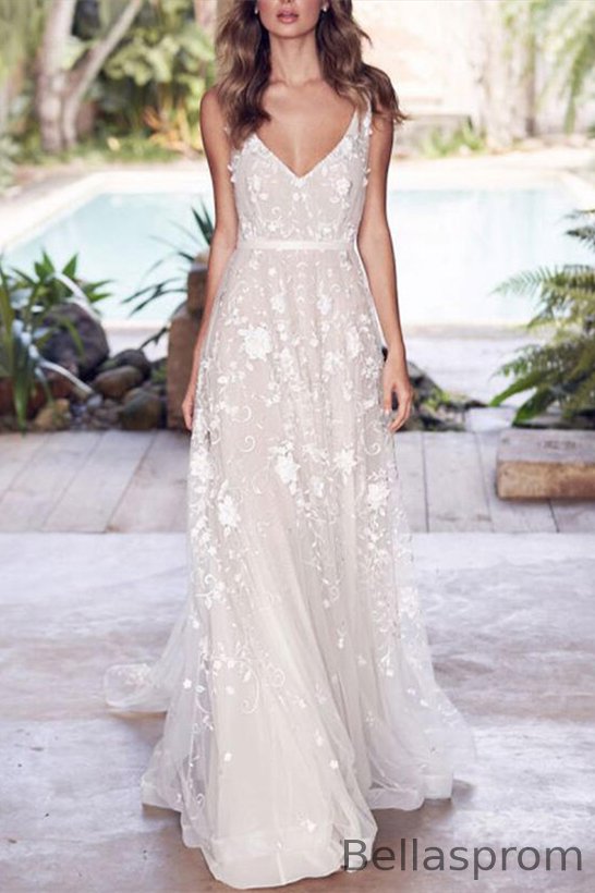 Bellasprom V-Neck Sleeveless Long Wedding Dress Tulle With Lace Appliques Open Back Bellasprom