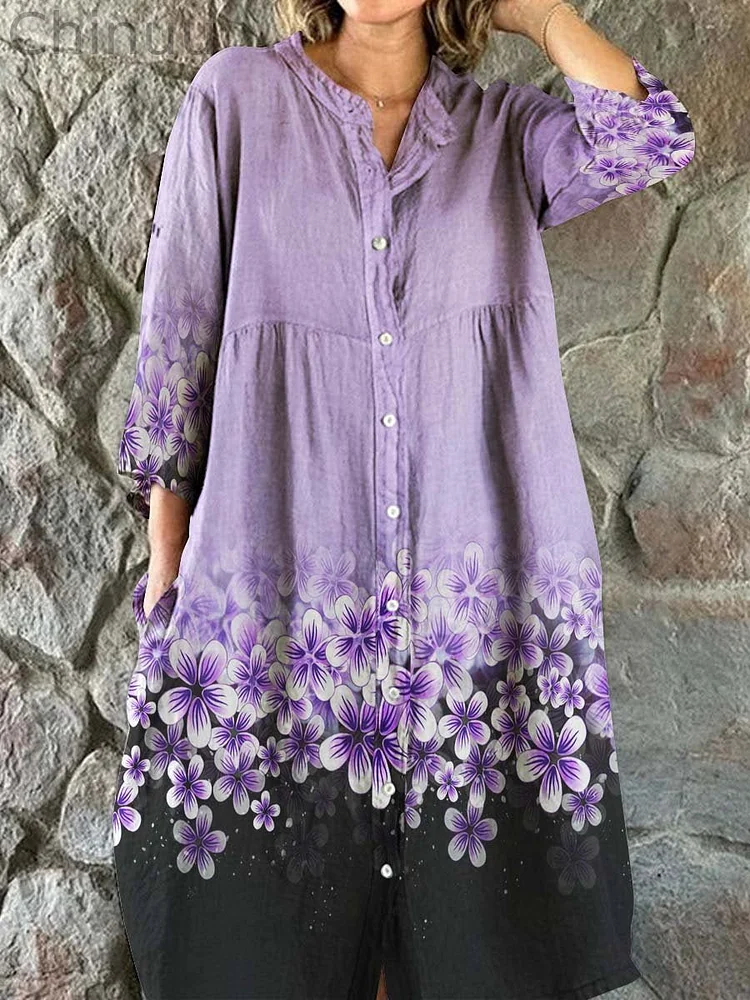 Women's Elegant Retro Floral Print Shirt Style Cotton Linen Dress