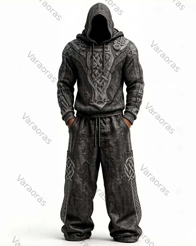 Men's Viking-Style Color-Blocked Knot Embroidered Hoodie and Pants Set 3486