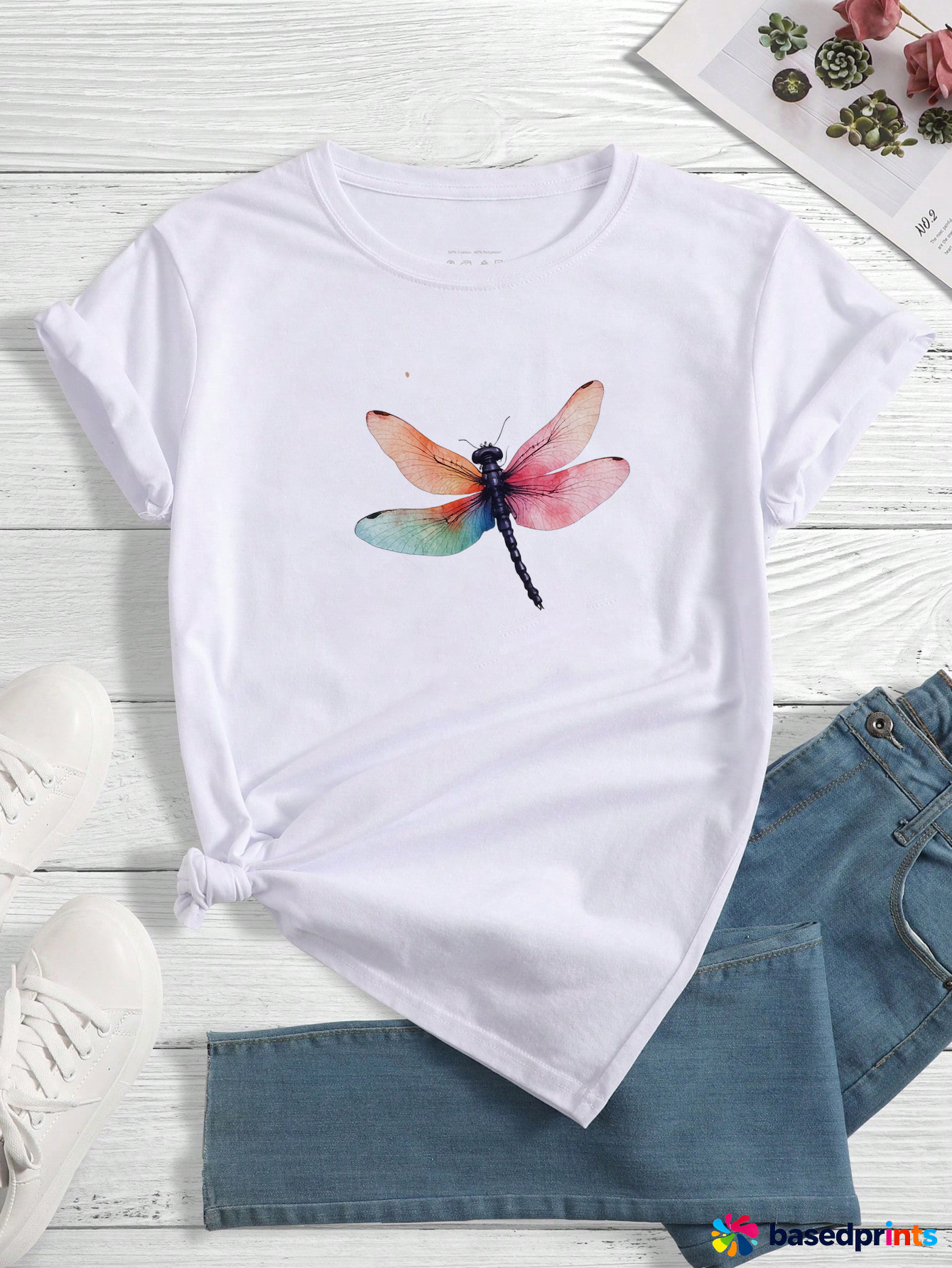 White Dragonfly Print T-Shirt Women Short Sleeve Casual Tee Tops