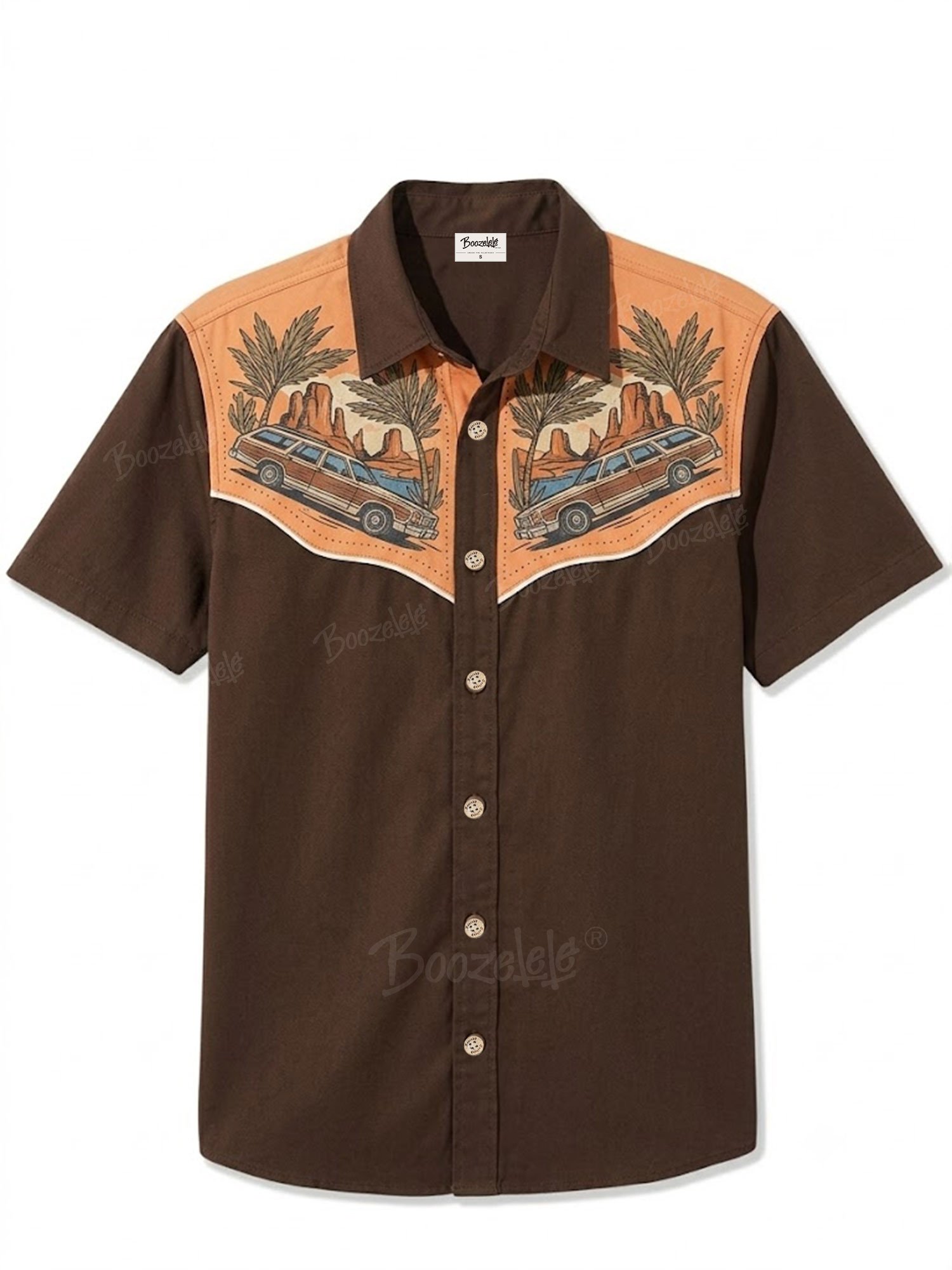 Best for California Sunset Bar Nights &mdash; 2026 Spring Summer Men's Antique Brown Terracotta Yoke White Piping Casual Blouse -100% Cotton