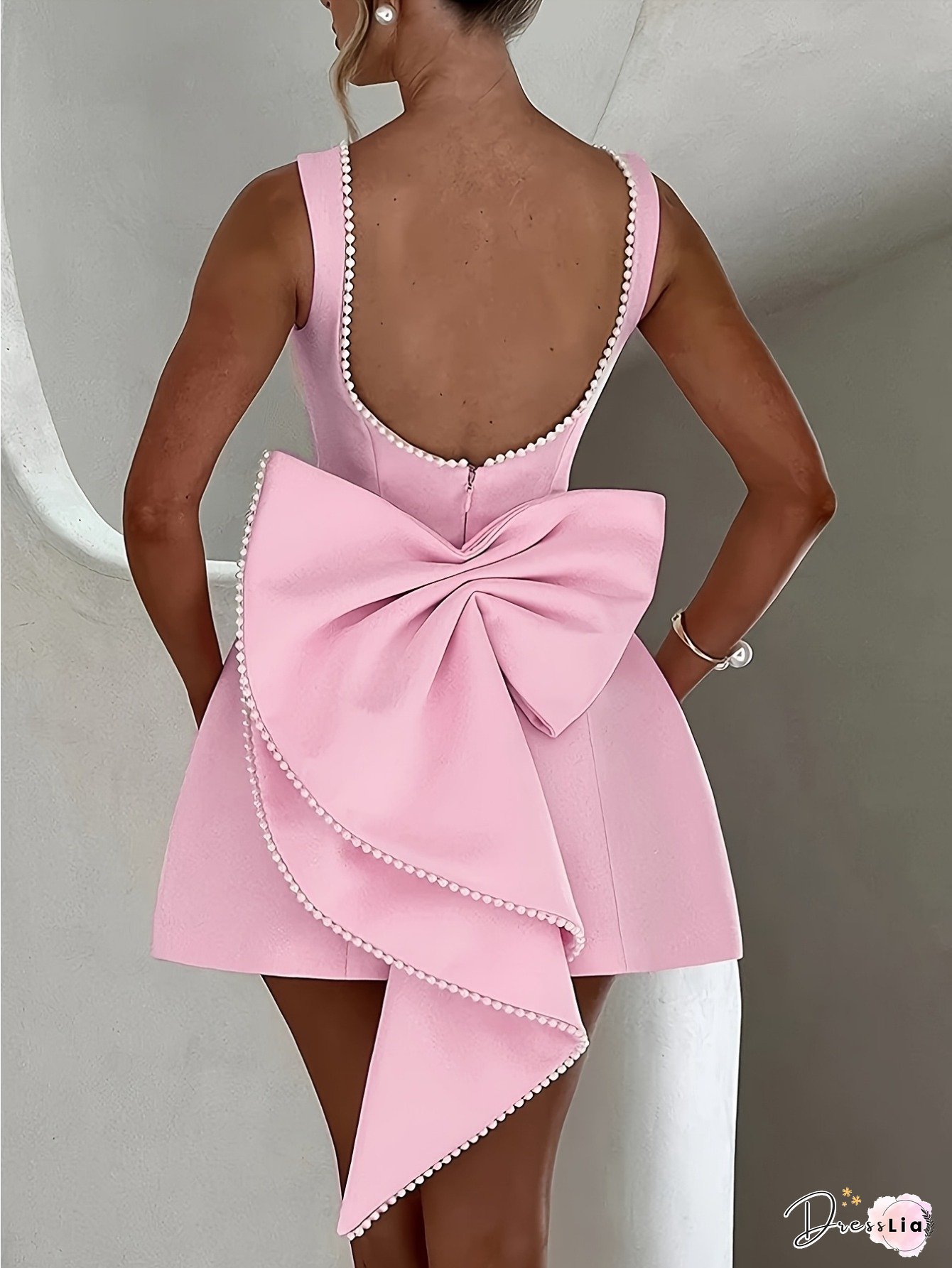 Elegant Pink Open Back Mini Dress With Big Bow Pearl Trim Soft Light Beige-friendly