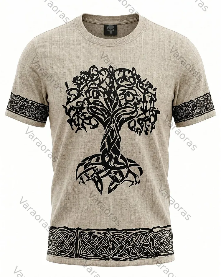 Men's Fashionable Viking Contrast Color Tree of Life Embroidered T-shirt 5581