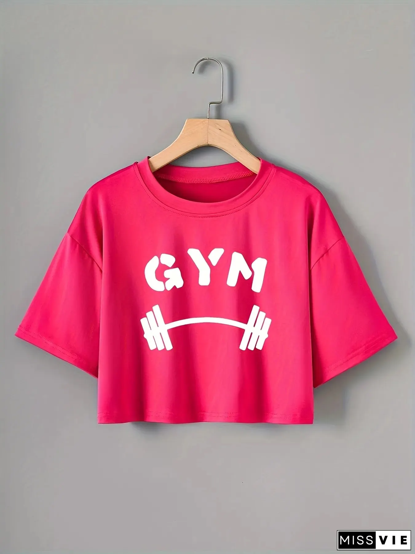 Bright Pink Gym Graphic Print Loose Fit Cropped T-Shirt Breathable Moisture-Wicking