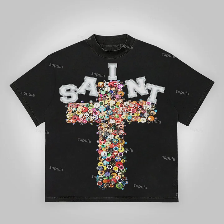Vintage Saint Cross Art Graphic Cotton T-Shirt