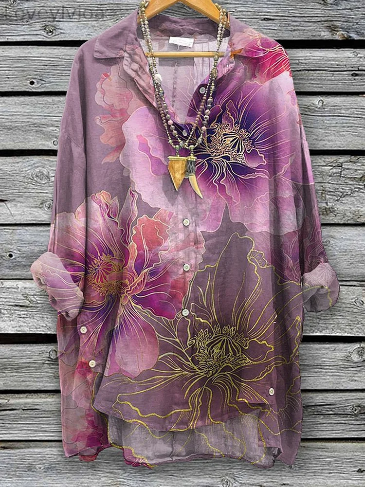 Watercolour Style Peony Floral Art Printed Women's Casual Cotton And Linen Shirt
