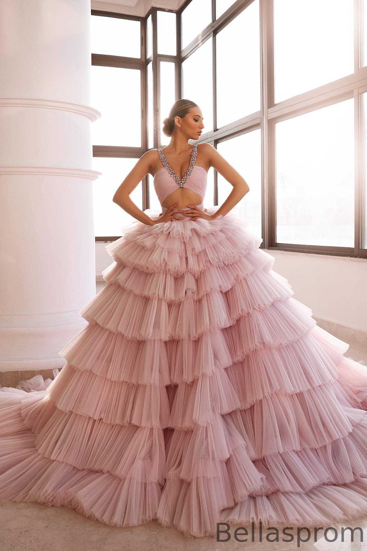 Bellasprom Pink V-Neck Prom Dress Tulle Layered With Crystals Sleeveless Bellasprom