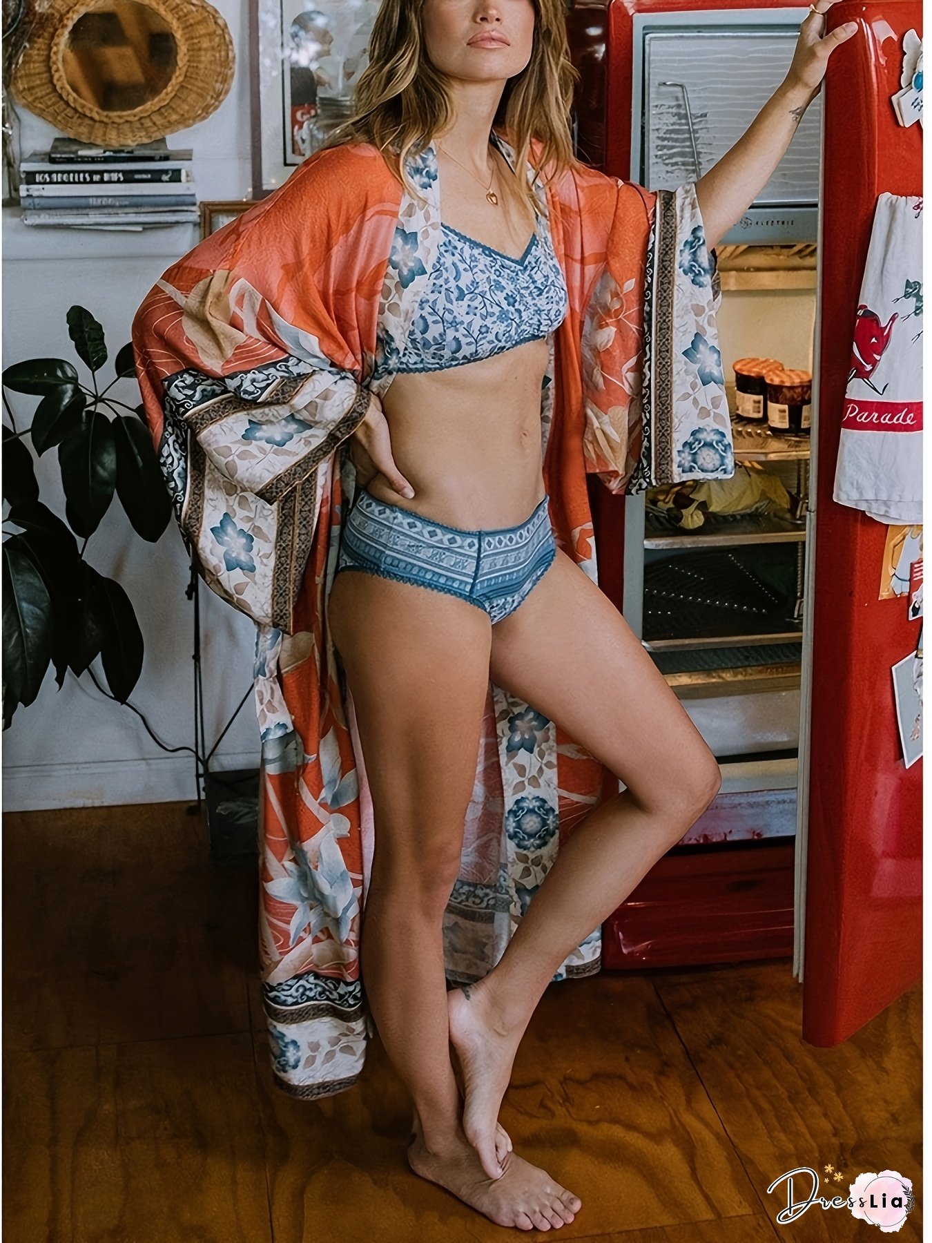 [Boho Kimono] Boho Plus Size Women's Kimono Cardigan | Off-Shoulder, Sleeveless, Floral Print, Non-Stretch Fabric, All-Season Bikini Cover-Up With Belt, Beach Coverup