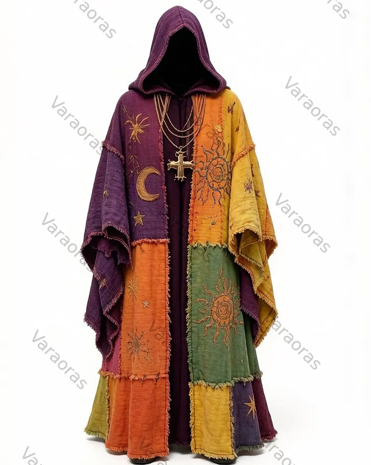 Men's Fashion Star and Moon Print Color-Patterned Linen Hooded Cape 9020