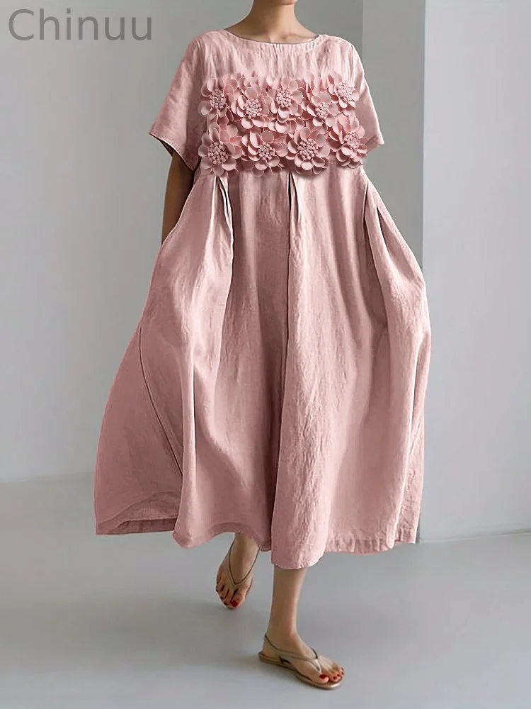 Classy 3D Flowers PLeated Linen Blend Maxi Dress