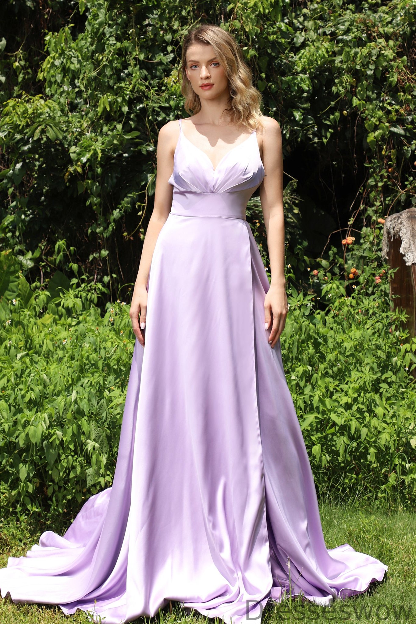 Dresseswow Lilac Spaghetti-Straps Prom Dress V-Neck Sleeveless Long