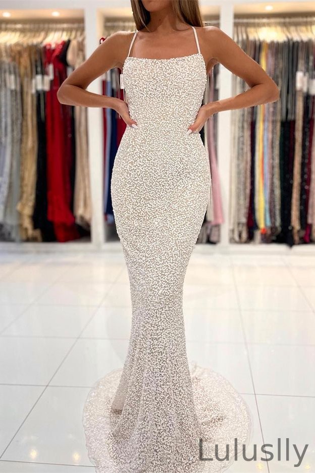 Luluslly White Spaghetti-Strals Sleeveless Mermaid Prom Dress Sequins Long 